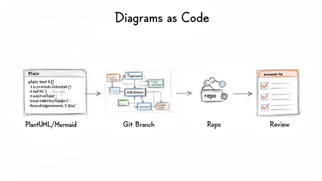 A workflow illustrating diagrams as code generation, git branching, repository, and review steps.