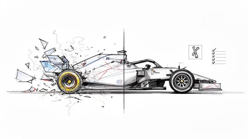A sketch of a race car, left side broken into pieces, right side pristine with repair tools.