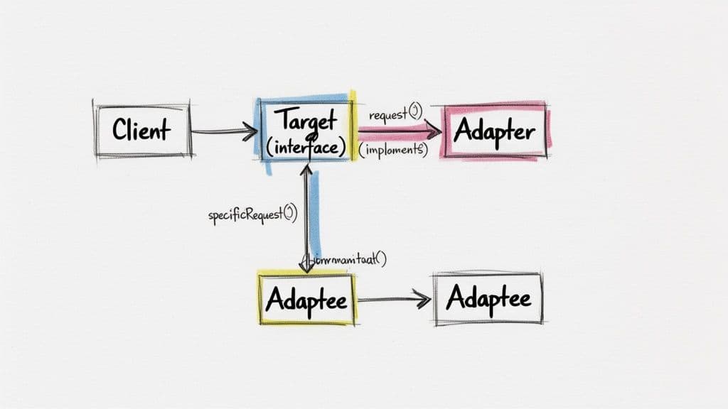 A hand-drawn diagram illustrating the Adapter design pattern, showing Client, Target interface, Adapter, and Adaptee.