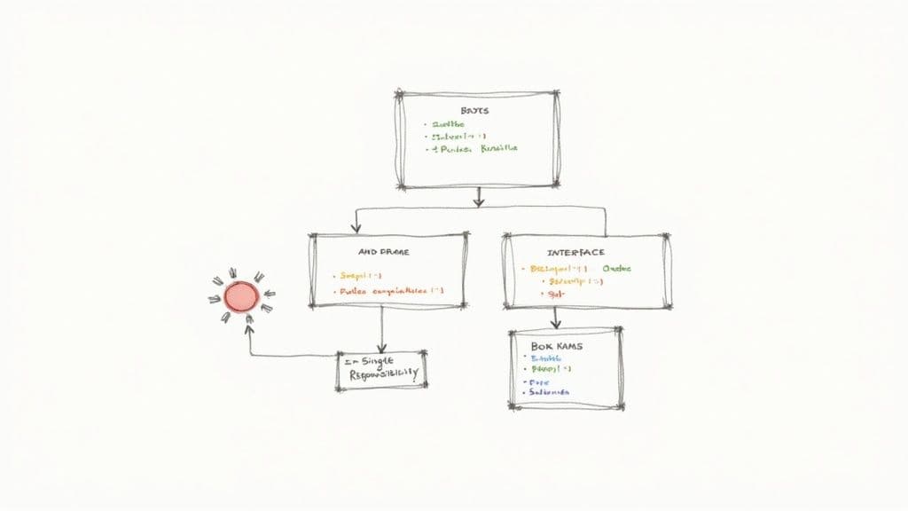 A handwritten diagram illustrating code architecture principles, including single responsibility and interfaces.