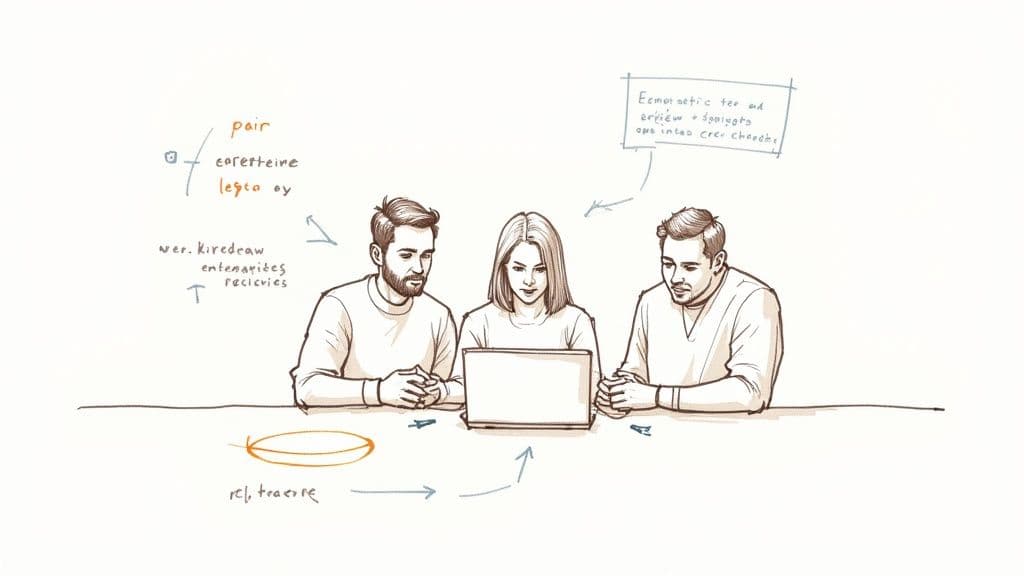 Three colleagues collaborate around a laptop, with handwritten notes and diagrams sketched around them.