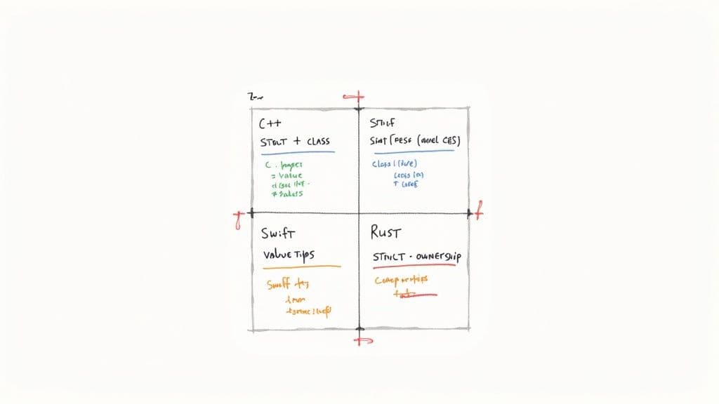 A split screen showing code snippets from different programming languages, illustrating classes and structures.