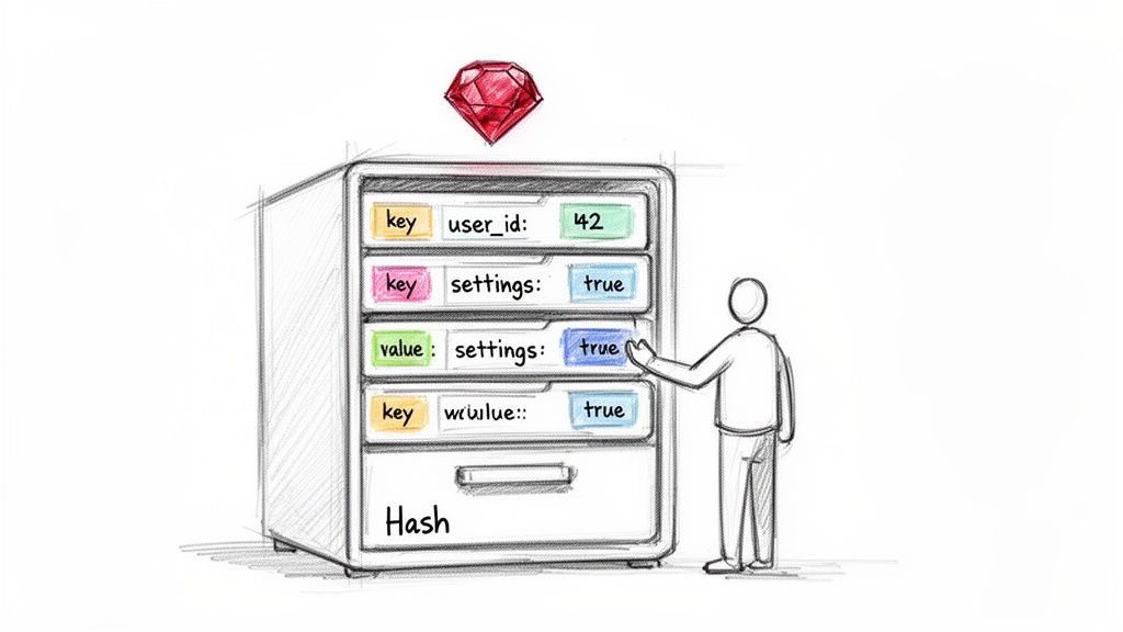 A person interacts with a 'Hash' filing cabinet, illustrating key-value data storage in Ruby.