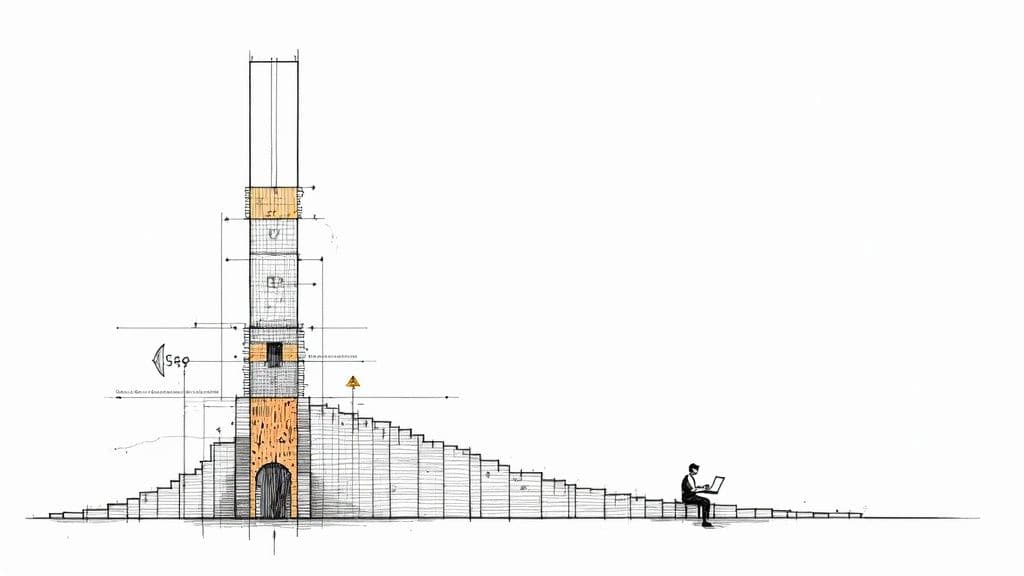 Architectural elevation drawing of a tall tower structure with stairs and programming workspace illustration