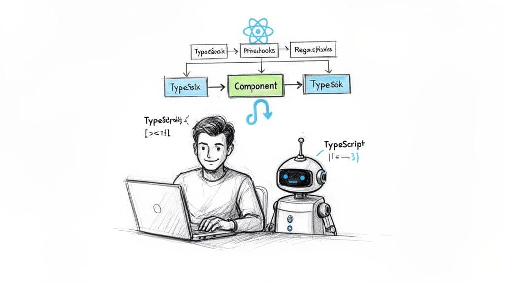 A developer and robot collaborating on a laptop, illustrating a React and TypeScript workflow.