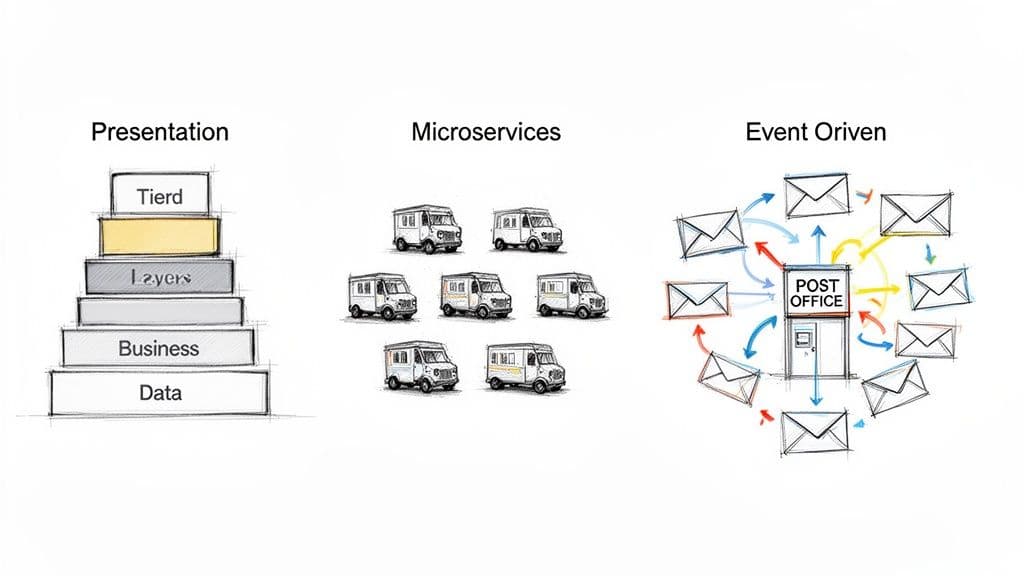 Three diagrams illustrate software architectural patterns: layered, microservices (delivery trucks), and event-driven (post office).