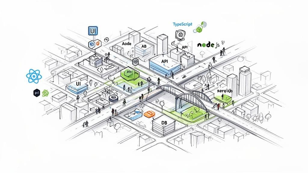 A detailed sketch of a city representing enterprise application architecture with UI, API, DB, and technology logos.