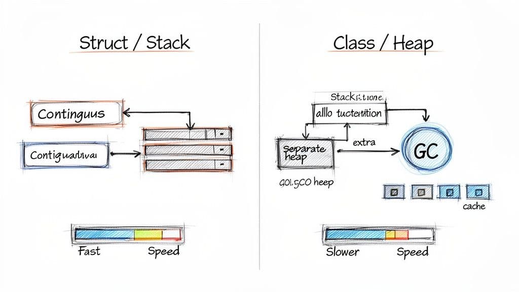 Diagram comparing Struct/Stack and Class/Heap memory allocation, highlighting contiguous memory, garbage collection, and speed differences.