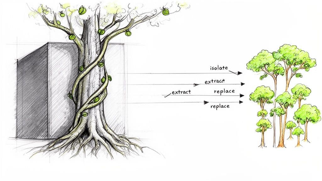 A sketch depicts a large tree and building transforming into multiple smaller trees via design processes.