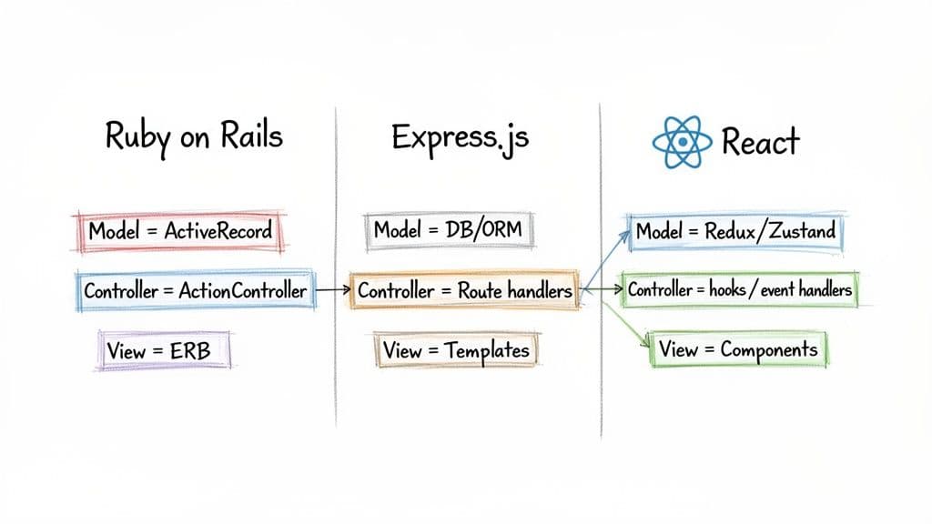A diagram comparing Model-View-Controller (MVC) components across Ruby on Rails, Express.js, and React web frameworks.