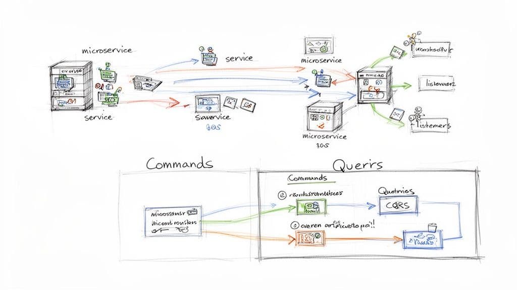 Hand-drawn diagram illustrating microservice architecture with event-driven communication and CQRS pattern.