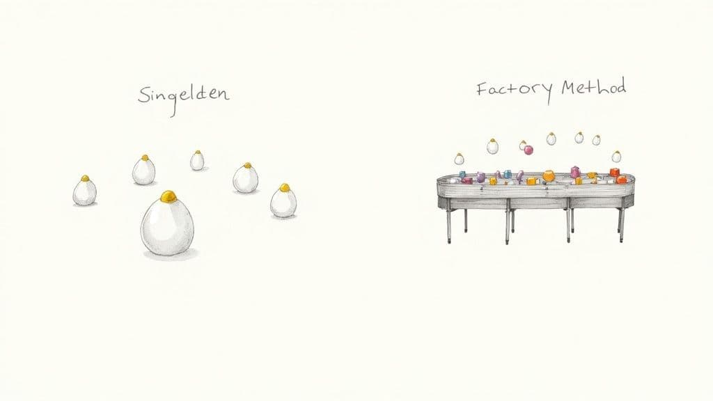 An illustration contrasting individual egg-like objects with a factory assembly line producing colorful items.