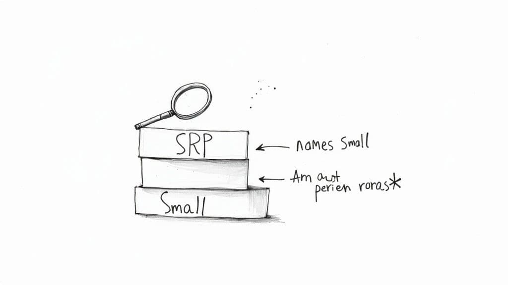 A hand-drawn diagram showing a stack of three blocks, labeled SRP and Small, with a magnifying glass on top.