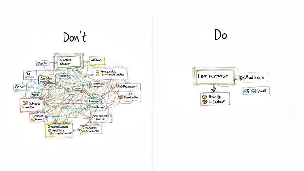 Two diagrams compare a complex, tangled information structure with a simple, clear, hierarchical one.