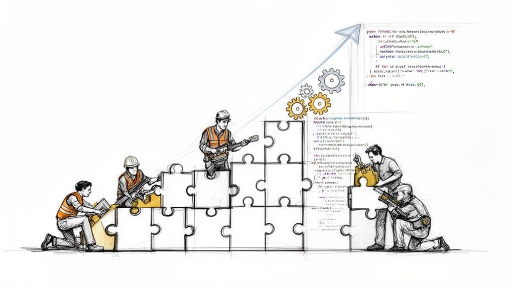 Programmers collaborate, building a rising puzzle structure, symbolizing software development and team progress.