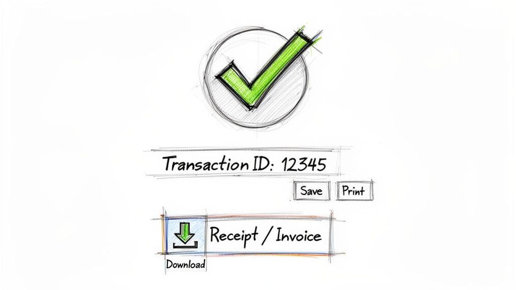 Sketch illustrating a successful payment transaction with a green checkmark, transaction ID, and receipt options.