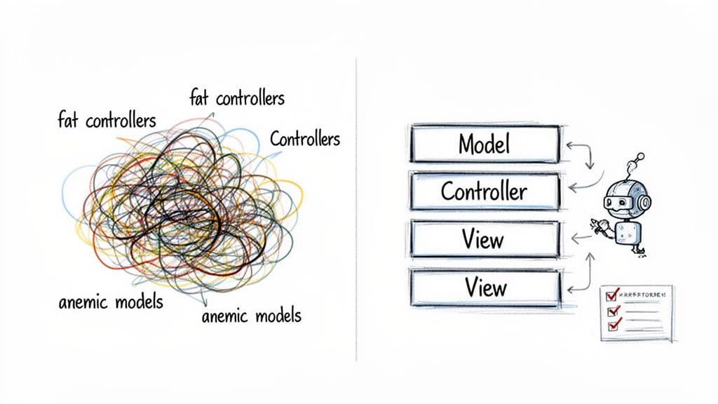 Diagram comparing messy software with fat controllers and anemic models to a clear MVC architecture.