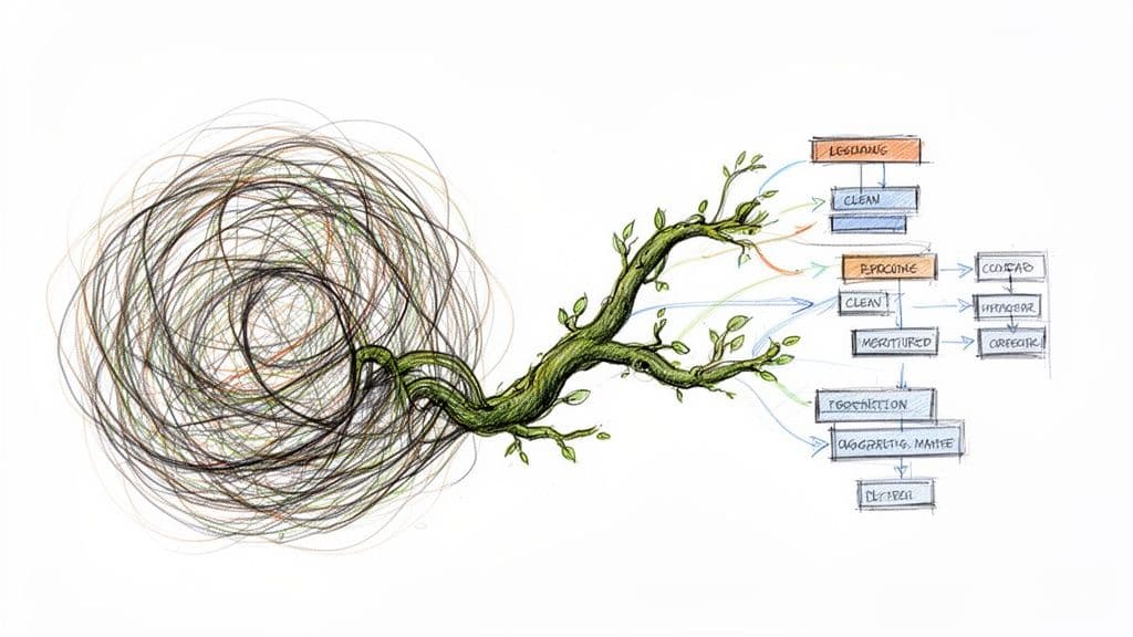 A green, leafy tree branch emerges from tangled lines, connecting to a complex process flowchart.