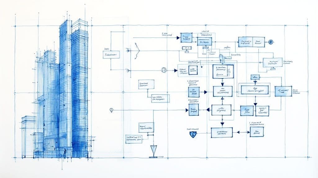 A detailed blue ink blueprint showcasing tall building architecture on the left and a complex system diagram on the right.