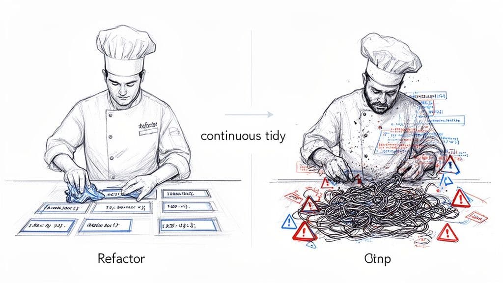Illustration comparing a chef refactoring organized code to another chef grappling with chaotic, error-filled spaghetti.