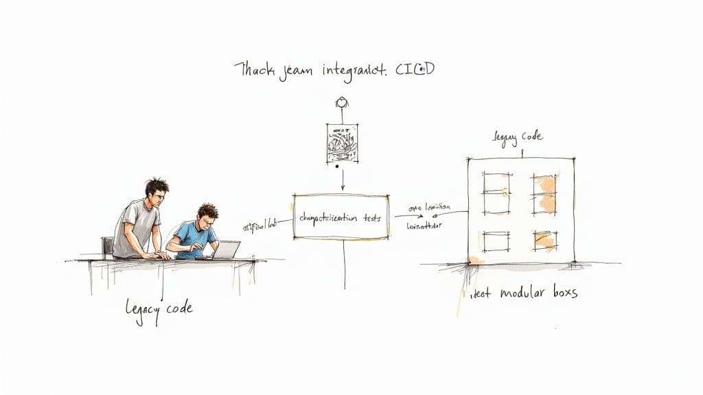 A hand-drawn diagram showing developers working on legacy code with characterization tests and CI/CD.