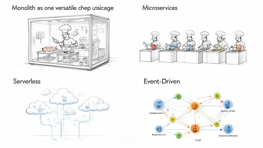 Illustrations comparing Monolith, Microservices, Serverless, and Event-Driven software architectures using cooking metaphors.