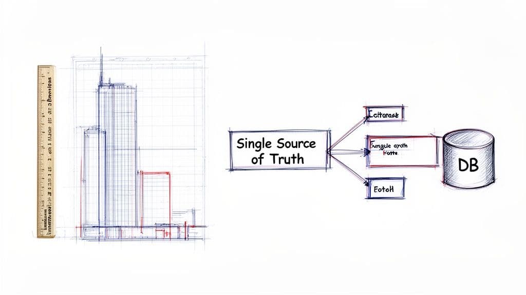 A dual image featuring an architectural blueprint of buildings and a 'Single Source of Truth' data flow diagram.