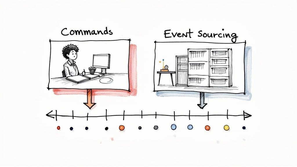 Illustration showing Commands (person at desk) and Event Sourcing (bookshelf) feeding into a timeline.