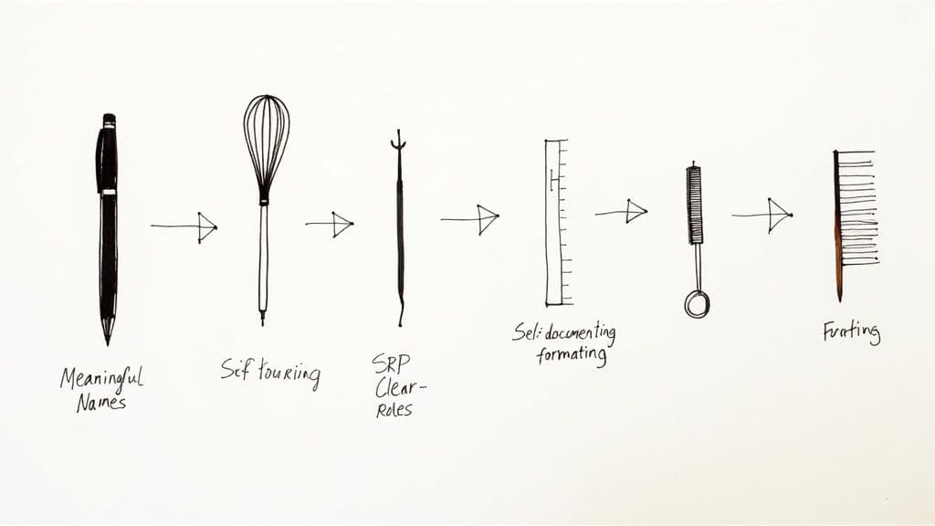 A series of hand-drawn tools, like a pen, whisk, and comb, illustrating clean code principles with text labels.