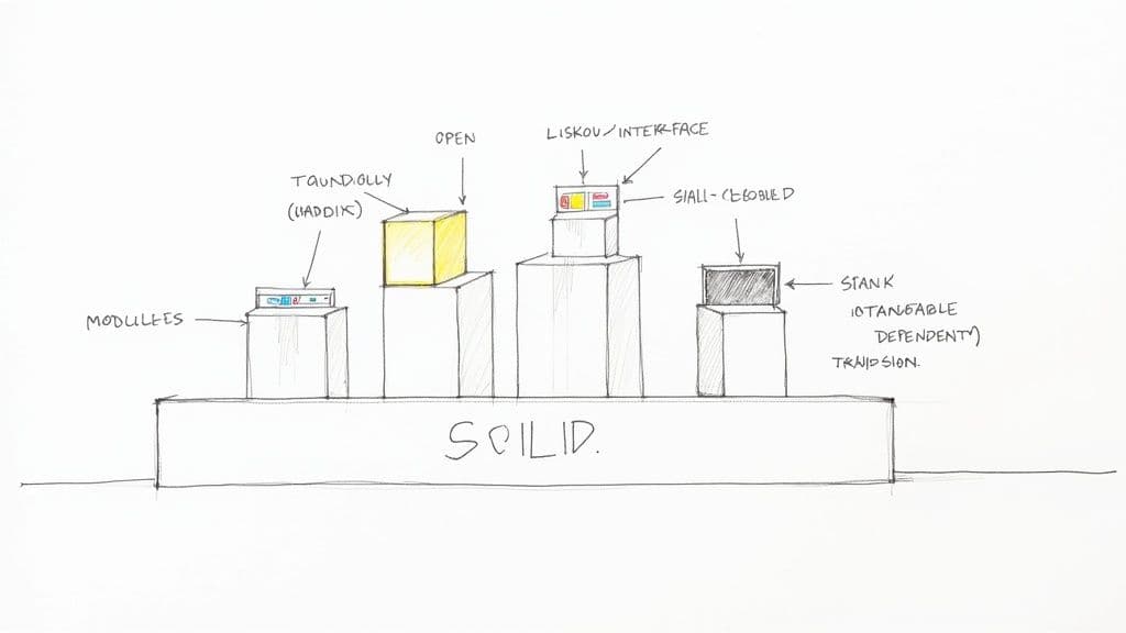 A set of interconnected gears and components, symbolizing the architectural nature of SOLID principles.