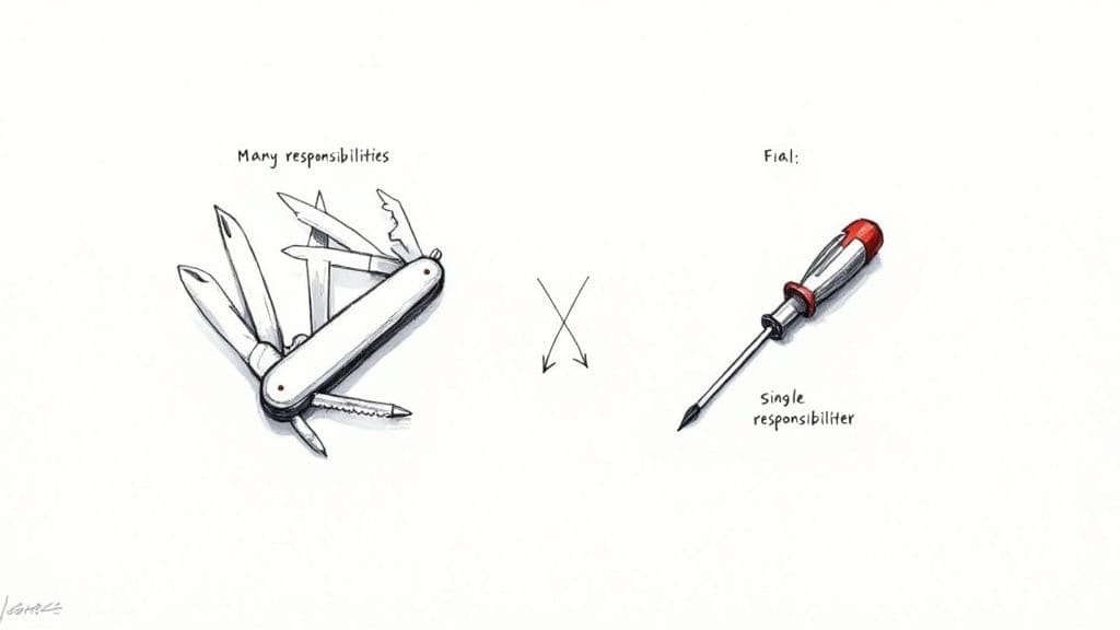 An illustration comparing a multi-tool (many responsibilities) with a screwdriver (single responsibility principle).