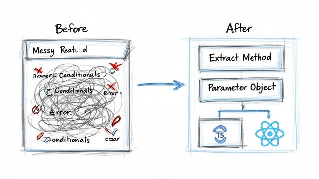 Refactoring process: transforming messy React code with conditionals and errors into clean, modular TypeScript with method extraction.
