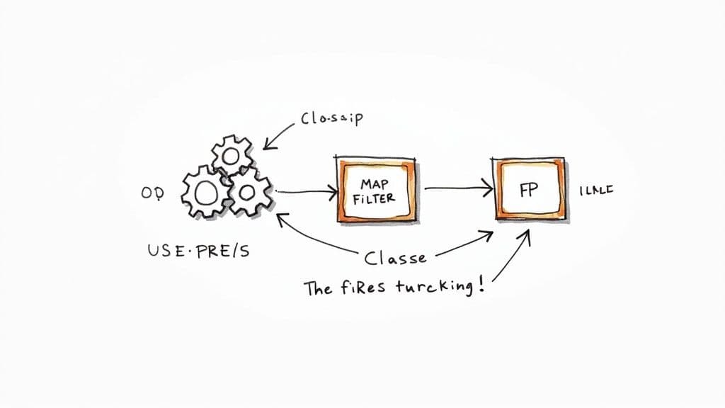 Diagram comparing object-oriented (OP) concepts with a flow through map filter to functional programming (FP).