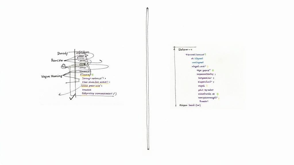 Handwritten diagram with structured notes and a list of items, possibly related to code concepts.