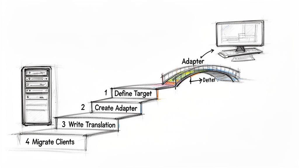 Diagram illustrating a four-step system migration process using an adapter pattern connecting a server to a client.