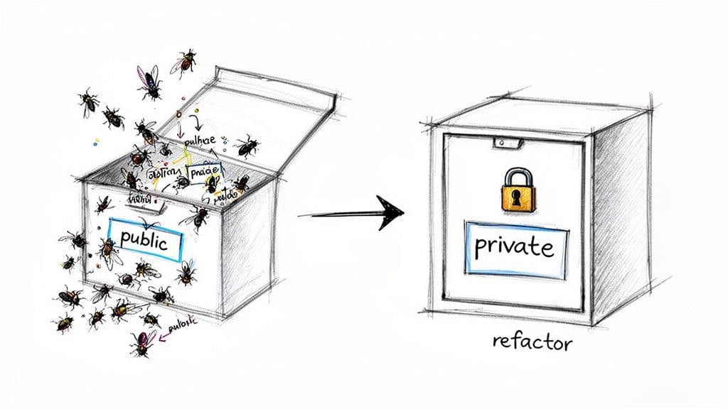 An open 'public' box full of flying bugs transforms into a locked 'private' box after refactoring.