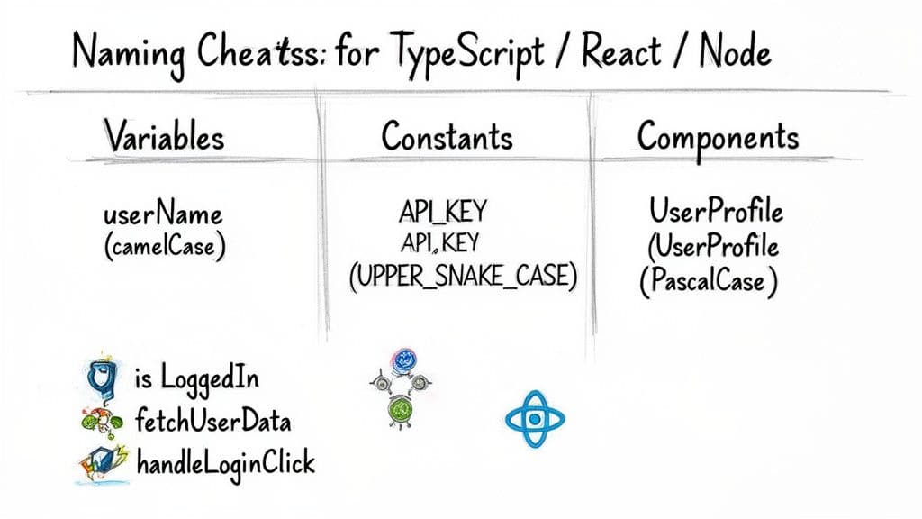 Naming conventions guide for TypeScript, React, and Node.js showing examples for variables, constants, and components.