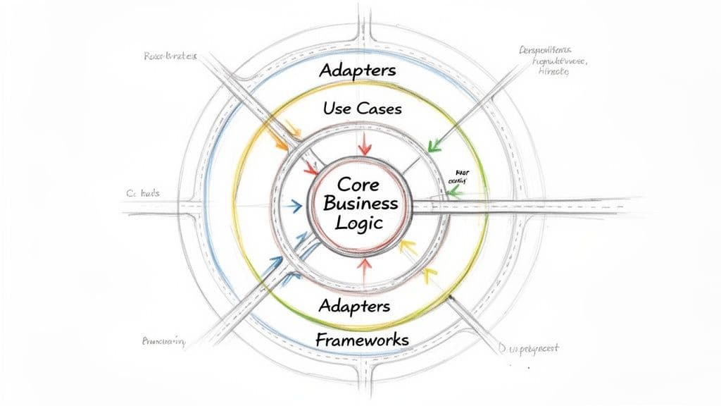 A concentric circle diagram illustrating a software architecture model with core business logic at the center, surrounded by use cases, adapters, and frameworks.