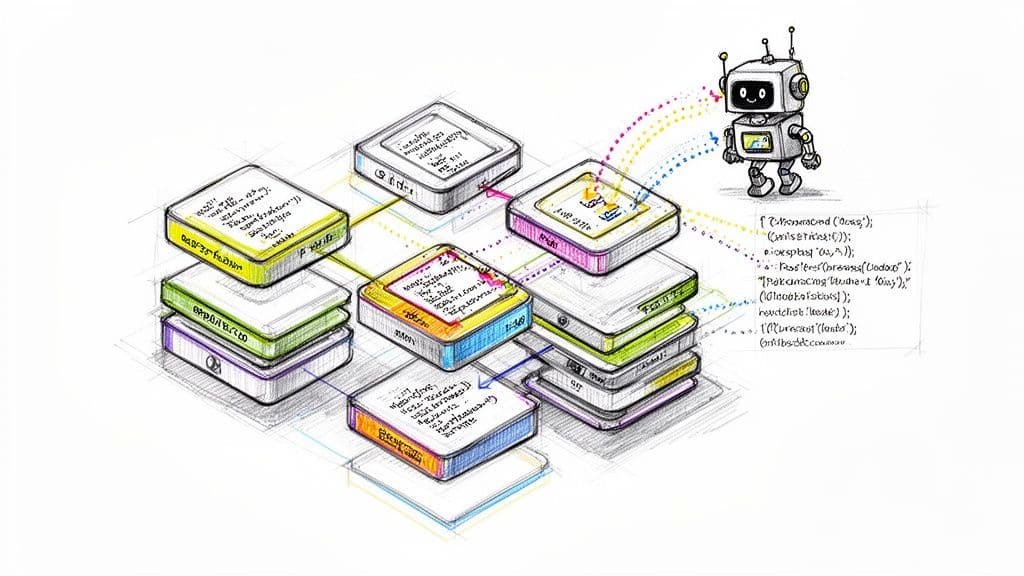 A hand-drawn sketch illustrating a software architectural pattern with interconnected data modules and a robot.