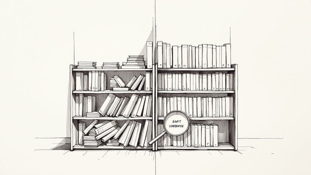 Developer writing code on a laptop with abstract shapes representing clean code principles.