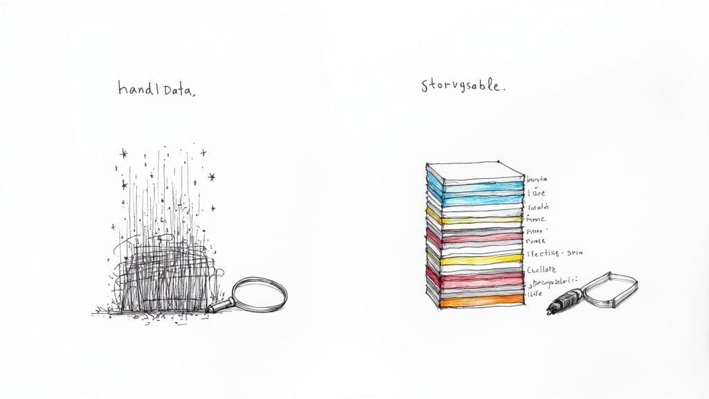Comparison illustration showing messy tangled data versus organized colorful stacked notebooks representing clean code principles