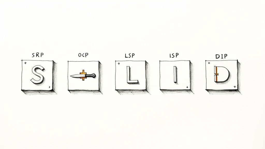 A visual representation of the SOLID principles with icons for each concept.