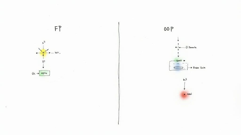 Hand-drawn diagram comparing Functional Programming and Object-Oriented Programming principles with illustrative concepts.