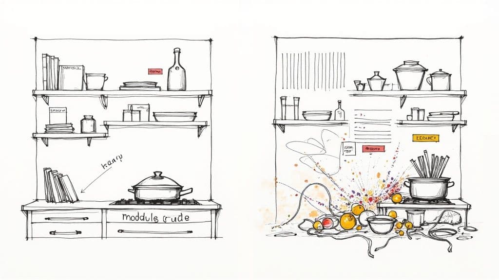 Before and after illustration comparing organized kitchen shelves with messy cluttered cooking workspace