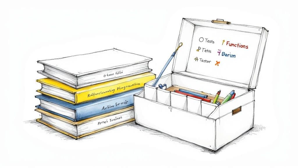 A stack of programming books on a wooden table, with a cup of coffee nearby.