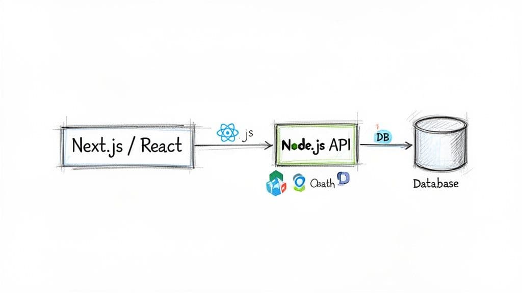A software architecture diagram showing Next.js/React frontend connecting to a Node.js API and a database.