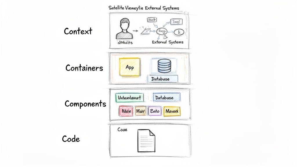 A software architecture diagram illustrating Context, Containers, Components, and Code levels for Satellite Viemeylie External Systems.