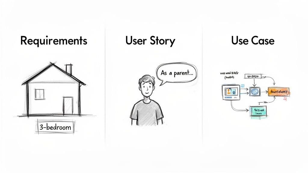 Illustrates software development concepts: requirements with a house, user story with a person, and a use case diagram.
