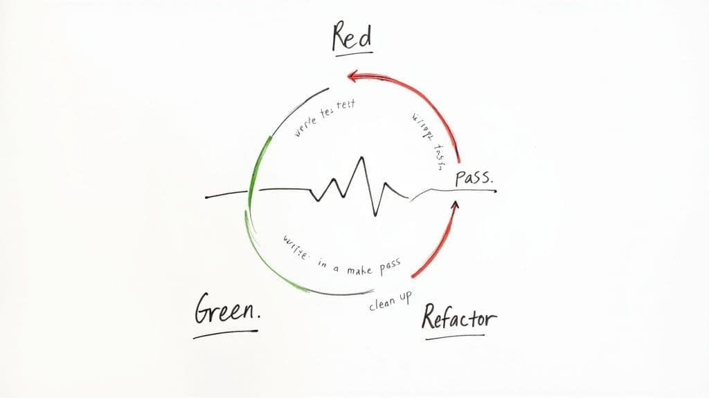 A hand-drawn diagram illustrating the Red-Green-Refactor cycle for Test-Driven Development (TDD) workflow.