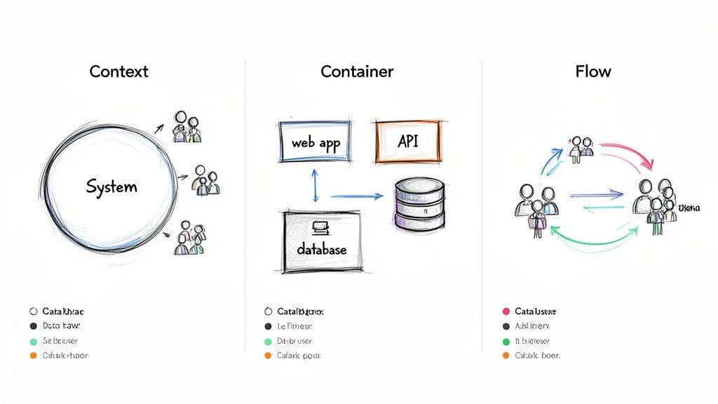 A three-panel diagram illustrating system context, container architecture with web app, API, database, and user interaction flow.